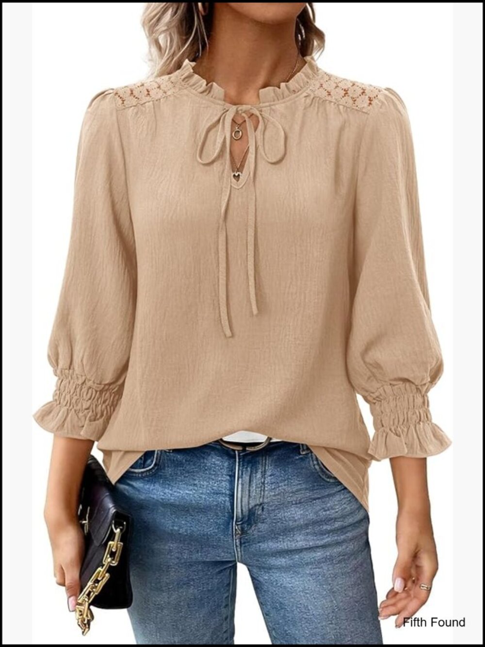 Peasant Blouse 3/4 Sleeve Ruffle Collar Boho Lace Business Casual Blouse